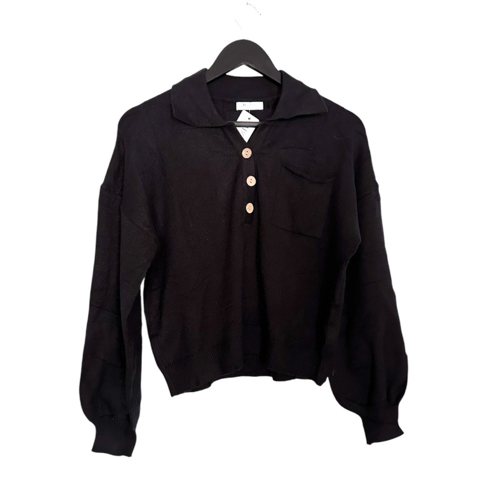 NWT Chigant Black Long Sleeve Collared Button Polo Sweater Size Medium